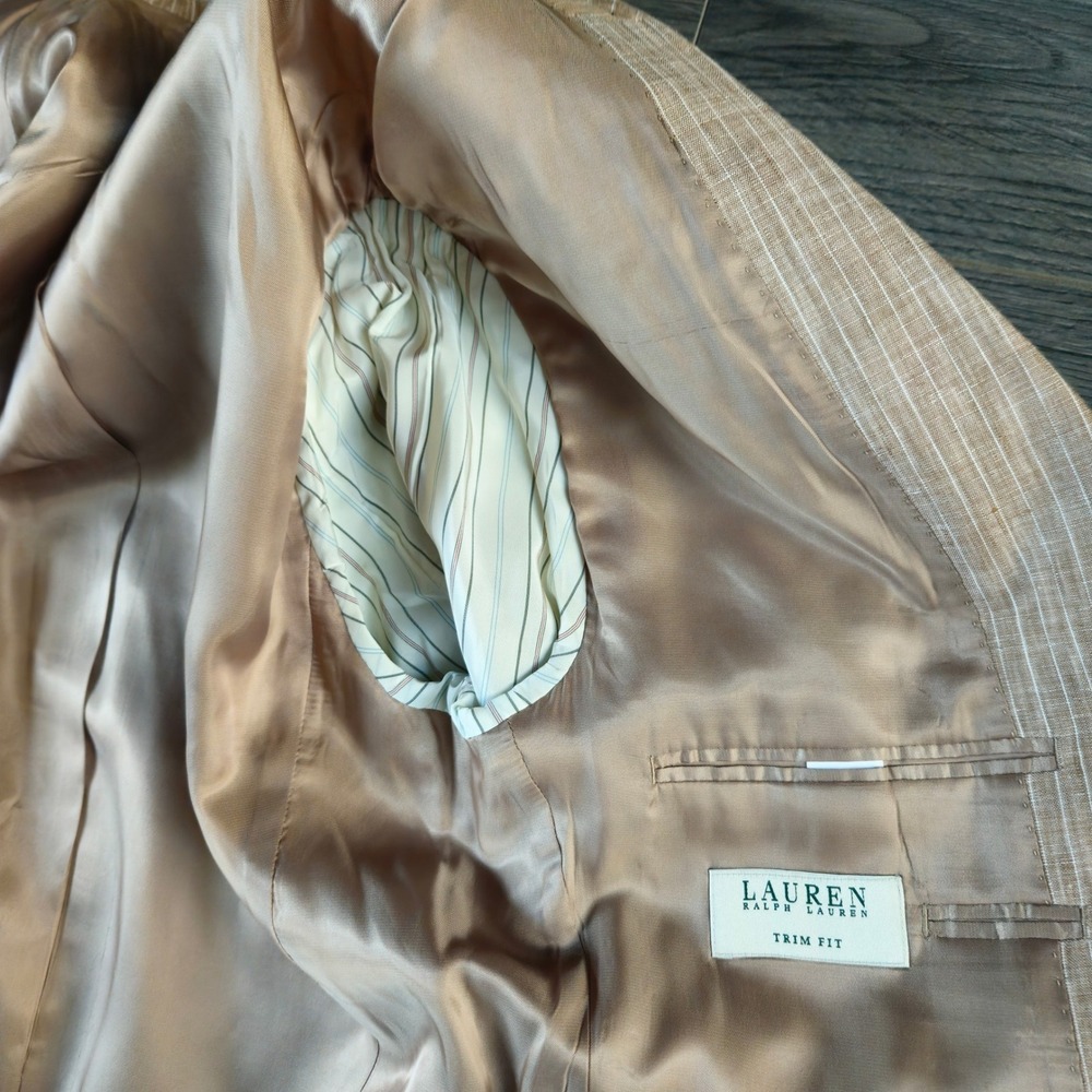 Ralph Lauren Linen Suit Men's 40S Tan Pinstripe Trim Fit Jacket Pants W33x30 - Picture 7 of 16